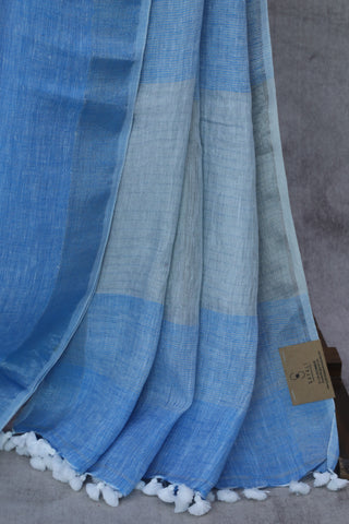 Blue Plain Linen Saree With  Tassels-SRBPLS199