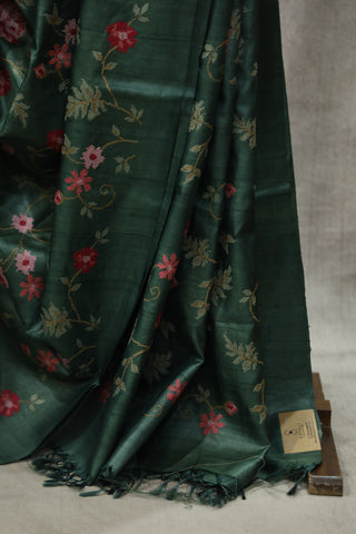 Green Embroidered Tussar Silk Saree - SRGETSS868