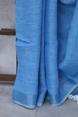 Blue Plain Linen Saree With  Tassels-SRBPLS199