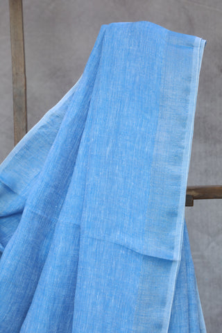 Blue Plain Linen Saree With  Tassels-SRBPLS199