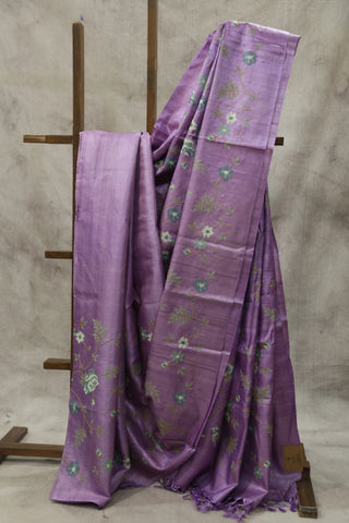 Lavender  Embroidered Tussar Silk Saree - SRLTSS865