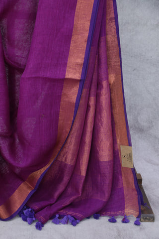 Purple Plain Linen Saree With Gold Tassels-SRPPLS154EX