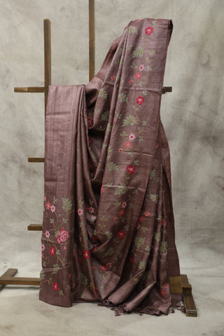 Purple Embroidered Tussar Silk Saree - SRPETSS864