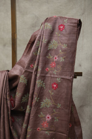 Purple Embroidered Tussar Silk Saree - SRPETSS864