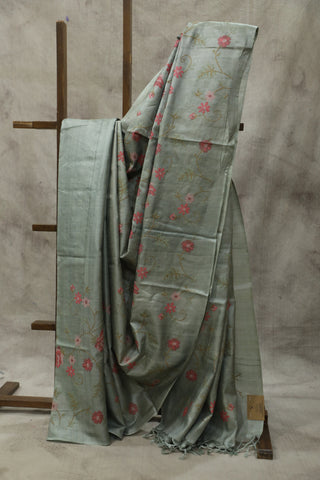 Teal Grey Embroidered Tussar Silk Saree - SRTGSS866