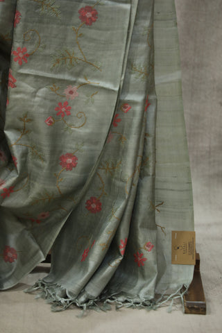 Teal Grey Embroidered Tussar Silk Saree - SRTGSS866