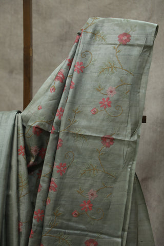 Teal Grey Embroidered Tussar Silk Saree - SRTGSS866