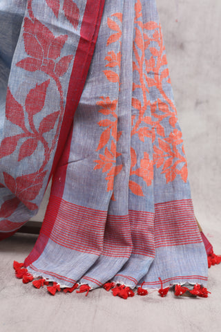 Light Denim Linen Jamdani Saree -SRLDLJS244