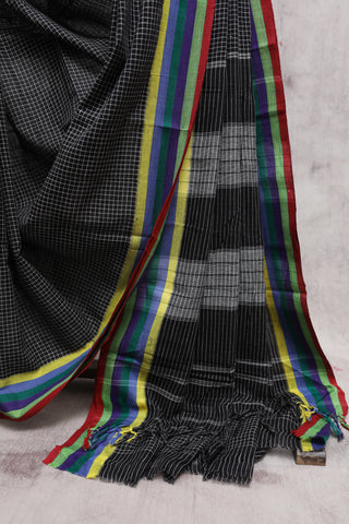 Black Big Checks Cotton Patteda Anchu Saree With Multicoloured Border -SRBPAS71