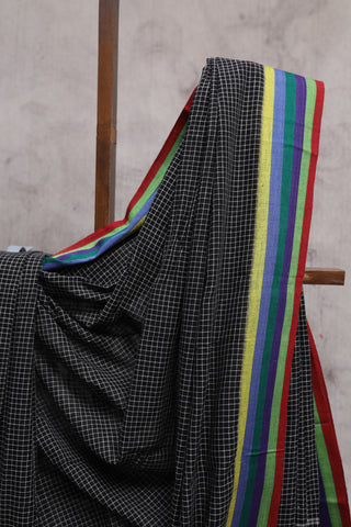 Black Big Checks Cotton Patteda Anchu Saree With Multicoloured Border -SRBPAS71