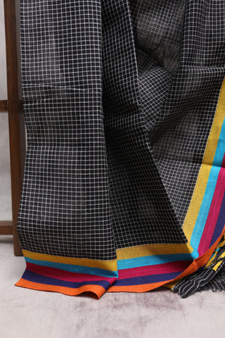 Black Big Checks Cotton Patteda Anchu Saree With Multicolour Border -SRBPAS67