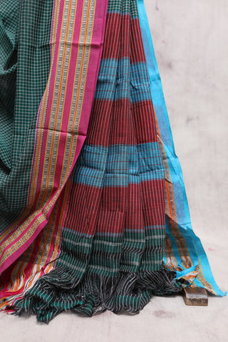 Green Big Checks Cotton Patteda Anchu Saree With Blue-Pink Gomi Border -SRGPAS68