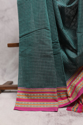 Green Big Checks Cotton Patteda Anchu Saree With Blue-Pink Gomi Border -SRGPAS68