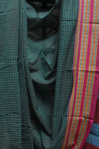 Green Big Checks Cotton Patteda Anchu Saree With Blue-Pink Gomi Border -SRGPAS68