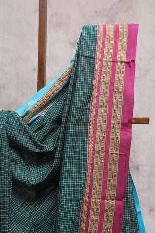 Green Big Checks Cotton Patteda Anchu Saree With Blue-Pink Gomi Border -SRGPAS68