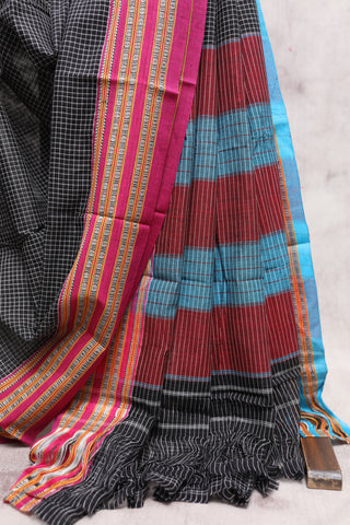 Black Big Checks Cotton Patteda Anchu Saree With Blue-Pink Gomi Border -SRBPAS70