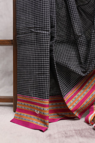 Black Big Checks Cotton Patteda Anchu Saree With Blue-Pink Gomi Border -SRBPAS70