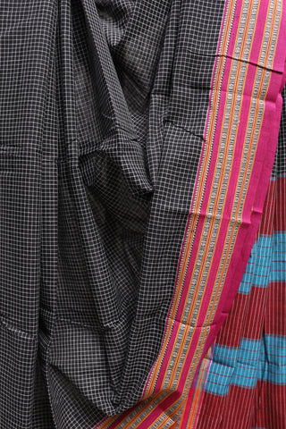 Black Big Checks Cotton Patteda Anchu Saree With Blue-Pink Gomi Border -SRBPAS70