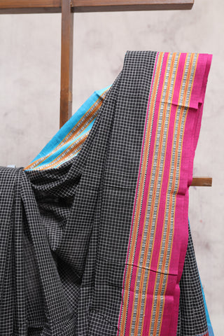 Black Big Checks Cotton Patteda Anchu Saree With Blue-Pink Gomi Border -SRBPAS70