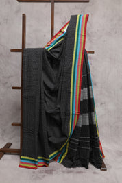 Black Big Checks Cotton Patteda Anchu Saree With Multicoloured Border - SRBPAS72
