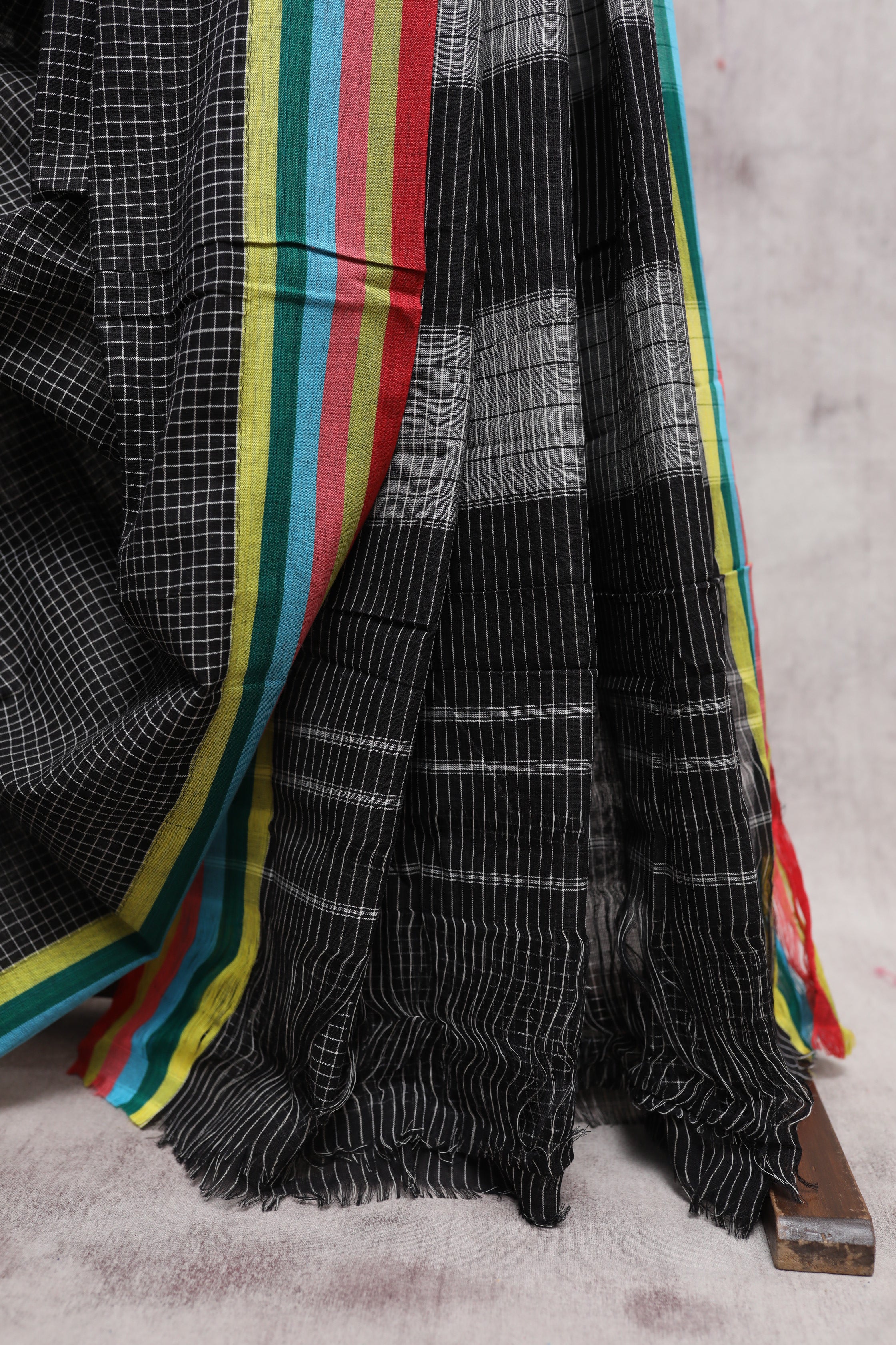 Black Big Checks Cotton Patteda Anchu Saree With Multicoloured Border - SRBPAS72