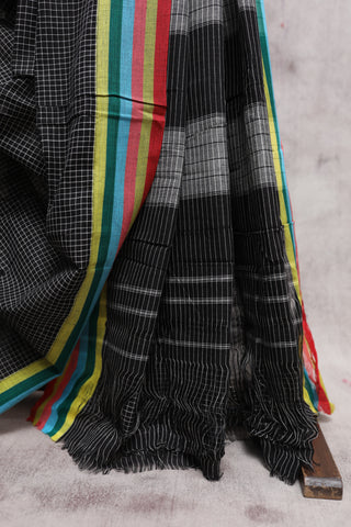 Black Big Checks Cotton Patteda Anchu Saree With Multicoloured Border -SRBPAS72