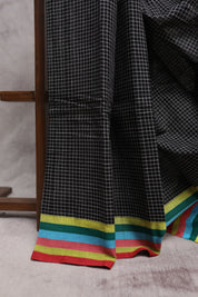 Black Big Checks Cotton Patteda Anchu Saree With Multicoloured Border - SRBPAS72