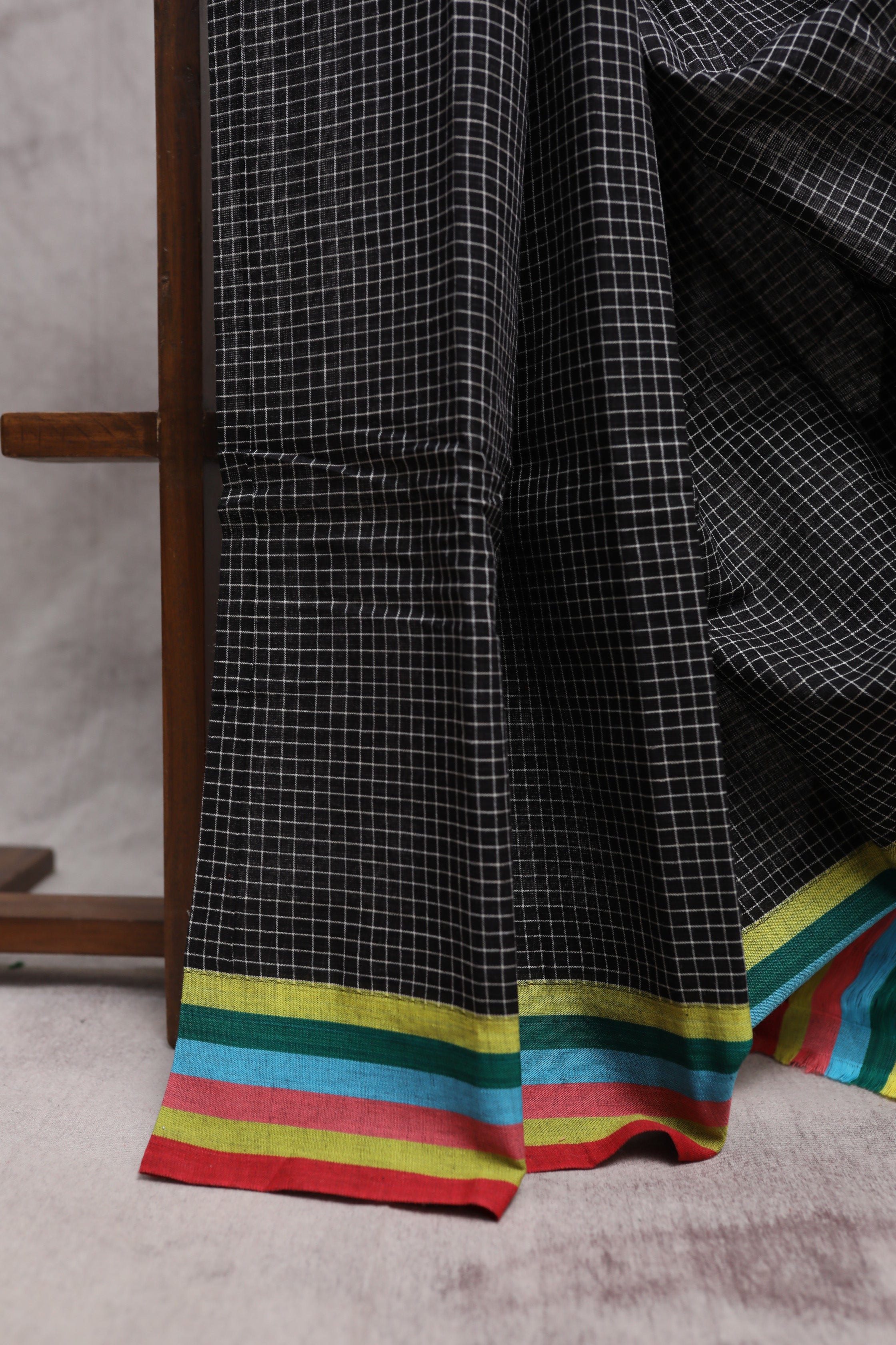 Black Big Checks Cotton Patteda Anchu Saree With Multicoloured Border - SRBPAS72