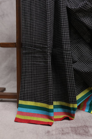 Black Big Checks Cotton Patteda Anchu Saree With Multicoloured Border -SRBPAS72