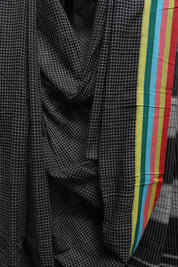 Black Big Checks Cotton Patteda Anchu Saree With Multicoloured Border - SRBPAS72