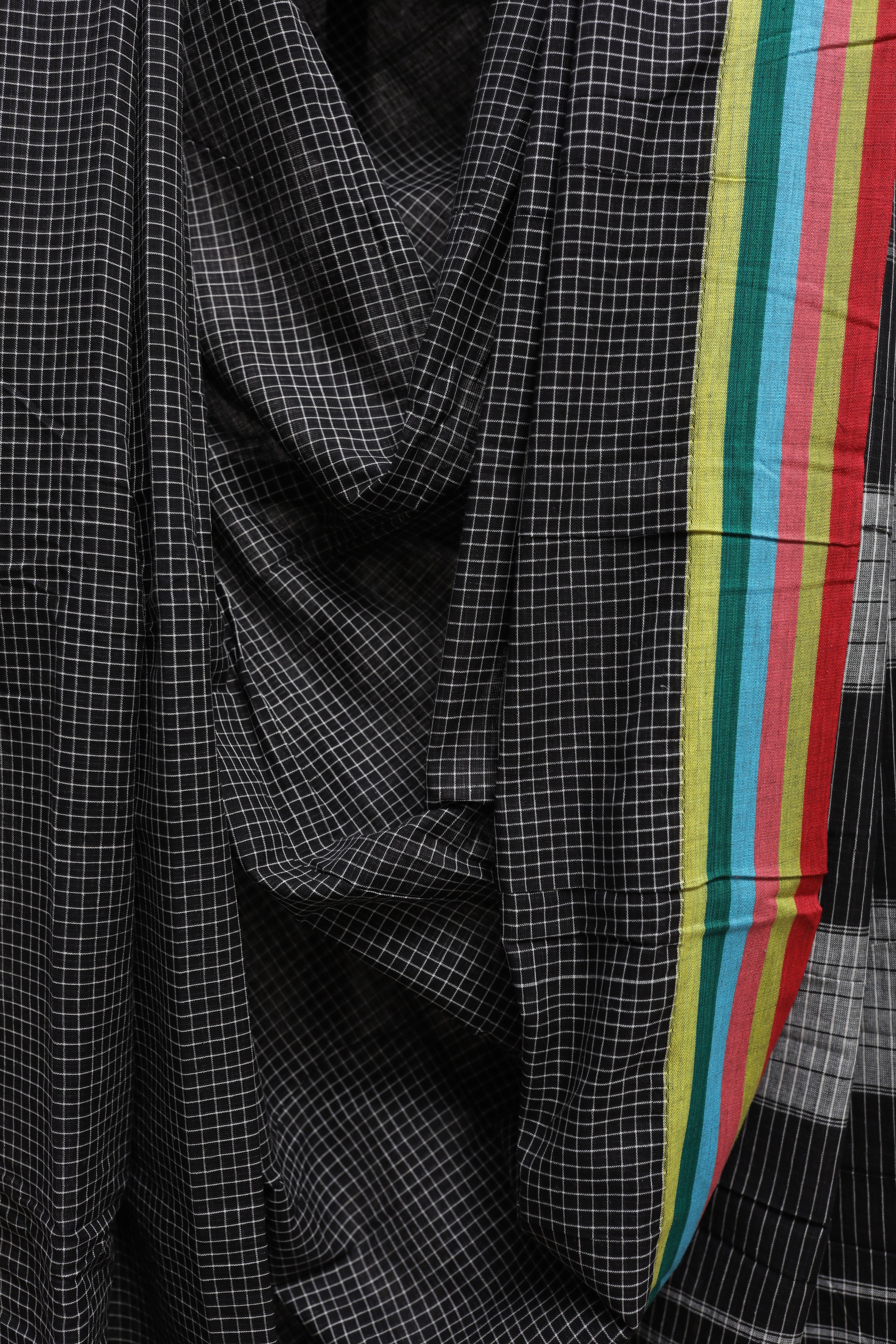 Black Big Checks Cotton Patteda Anchu Saree With Multicoloured Border - SRBPAS72