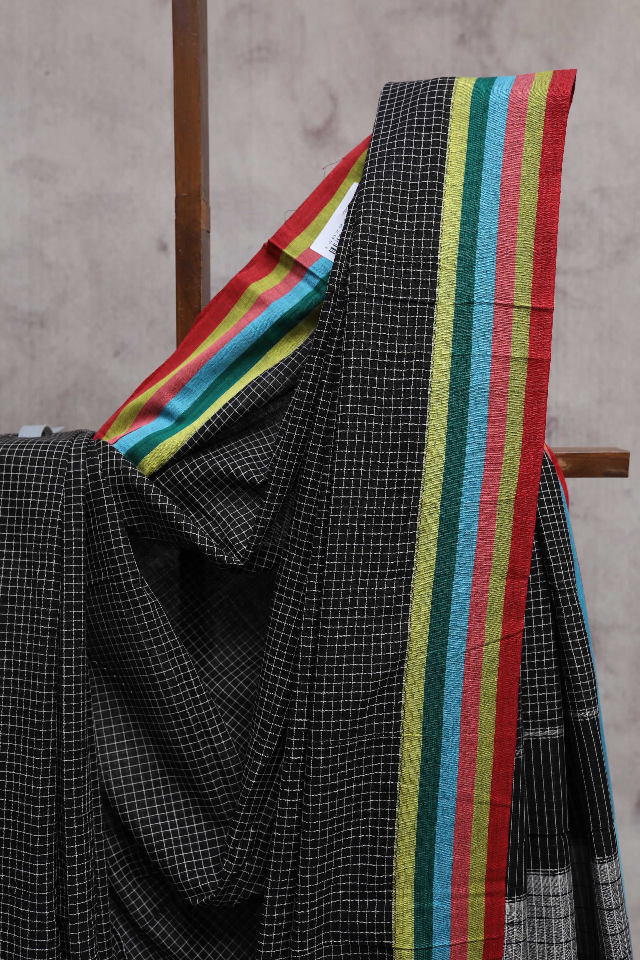 Black Big Checks Cotton Patteda Anchu Saree With Multicoloured Border - SRBPAS72