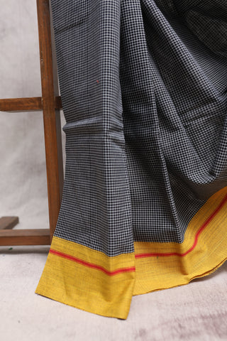 Black Small Checks Cotton Patteda Anchu Saree With Yellow-Red Border -SRBPAS60