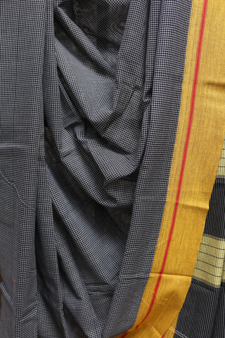 Black Small Checks Cotton Patteda Anchu Saree With Yellow-Red Border -SRBPAS60