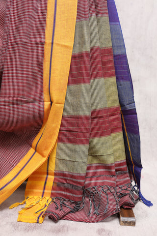 Maroon Small Checks Cotton Patteda Anchu Saree With Purple-Yellow Border -SRMPAS64