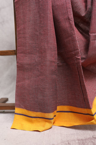 Maroon Small Checks Cotton Patteda Anchu Saree With Purple-Yellow Border -SRMPAS64