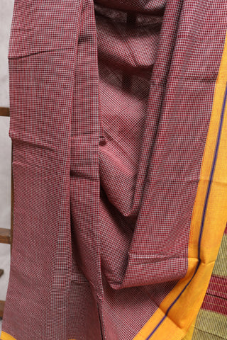 Maroon Small Checks Cotton Patteda Anchu Saree With Purple-Yellow Border -SRMPAS64