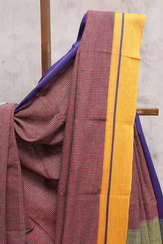 Maroon Small Checks Cotton Patteda Anchu Saree With Purple-Yellow Border -SRMPAS64