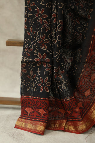 Black HBP Cotton Silk Chanderi Saree With Maheshwari Border - SRBCSCS618