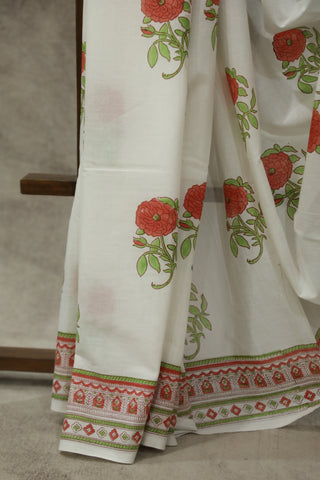 White HBP Cotton Saree - SRWCS1584