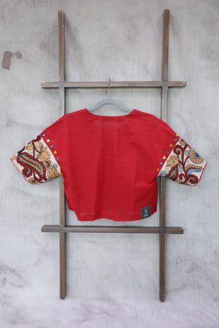 Red Cotton V-Neck Blouse-SRRCVNB08