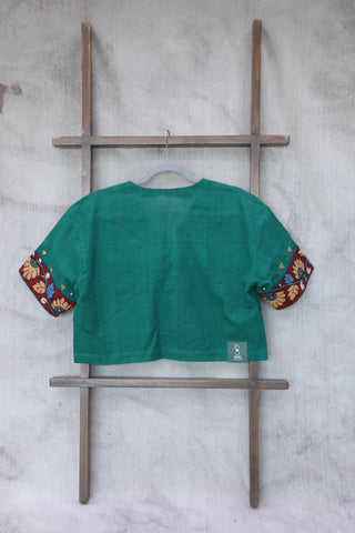 Green Cotton V-Neck Blouse-SRGCVNB09