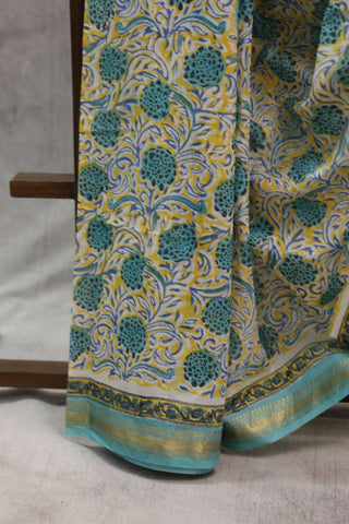 Yellow-White HBP Cotton Silk Saree With Maheshwari Border - SRYWCSS705