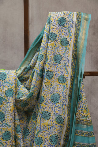 Yellow-White HBP Cotton Silk Saree With Maheshwari Border - SRYWCSS705