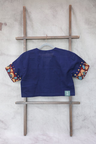 Dark Blue Cotton V-Neck Blouse-SRDBCVNB16