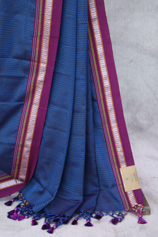 Navy Blue Plain Khun Saree With Magenta Border-SRNBPKS229