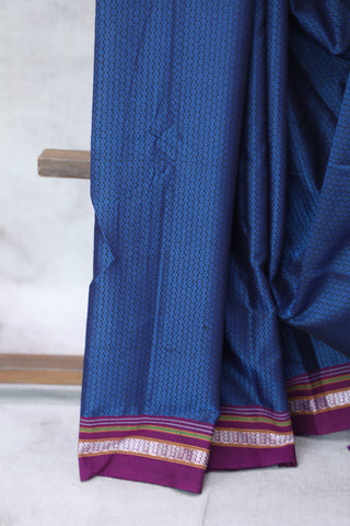 Navy Blue Plain Khun Saree With Magenta Border-SRNBPKS229