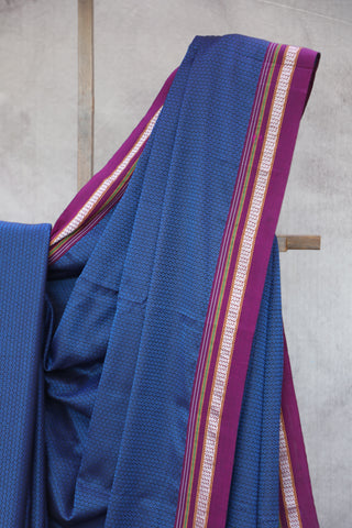 Navy Blue Plain Khun Saree With Magenta Border-SRNBPKS229