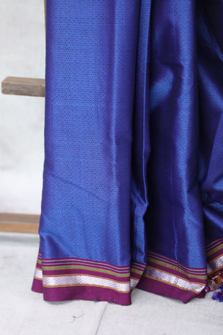 Dark Blue Plain Khun Saree With Magenta Border-SRDBPKS230