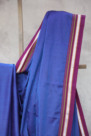 Dark Blue Plain Khun Saree With Magenta Border-SRDBPKS230